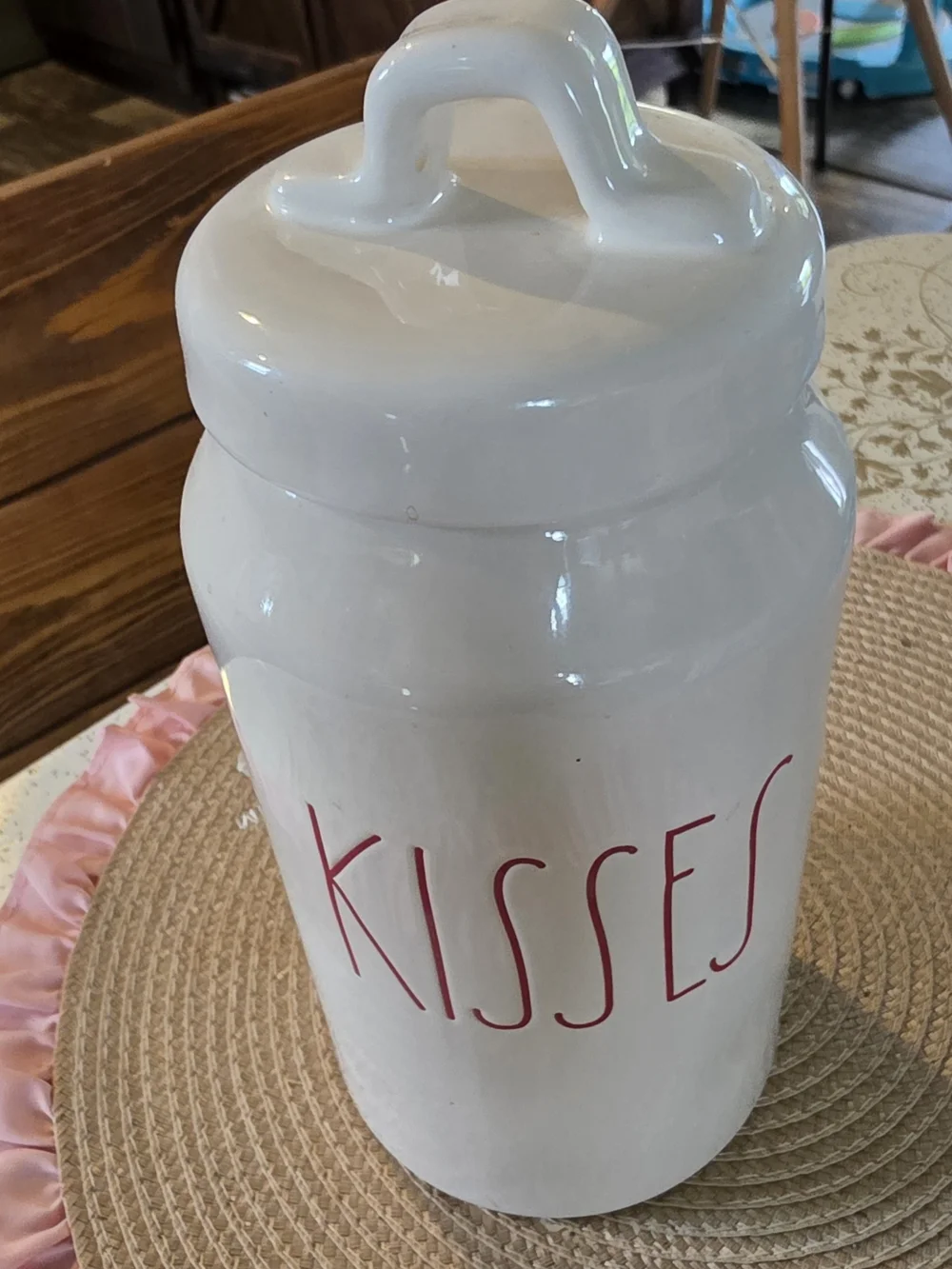 Rae Dunn White KISSES Ceramic Canister with Red Lettering